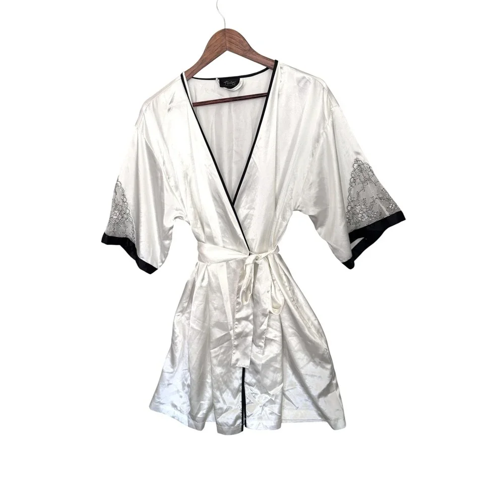 Vintage Ivory Satin Black Lace Kimono Robe with White Rose, Small Size